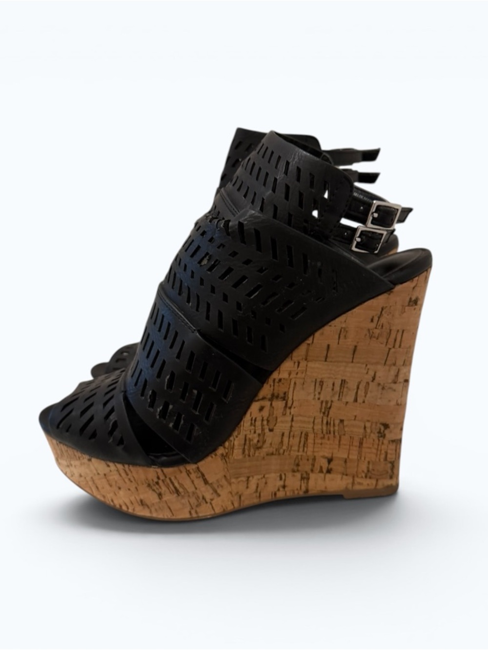 Charles by Charles David Abby Black Laser-Cut Cork Wedges, Size 7, MSRP $89